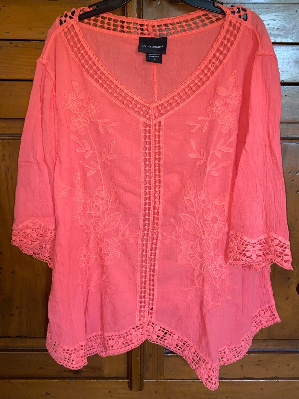 Liv Los Angeles Coral Orange Embroidered Tunic Top Lace Inserts Trims Medium